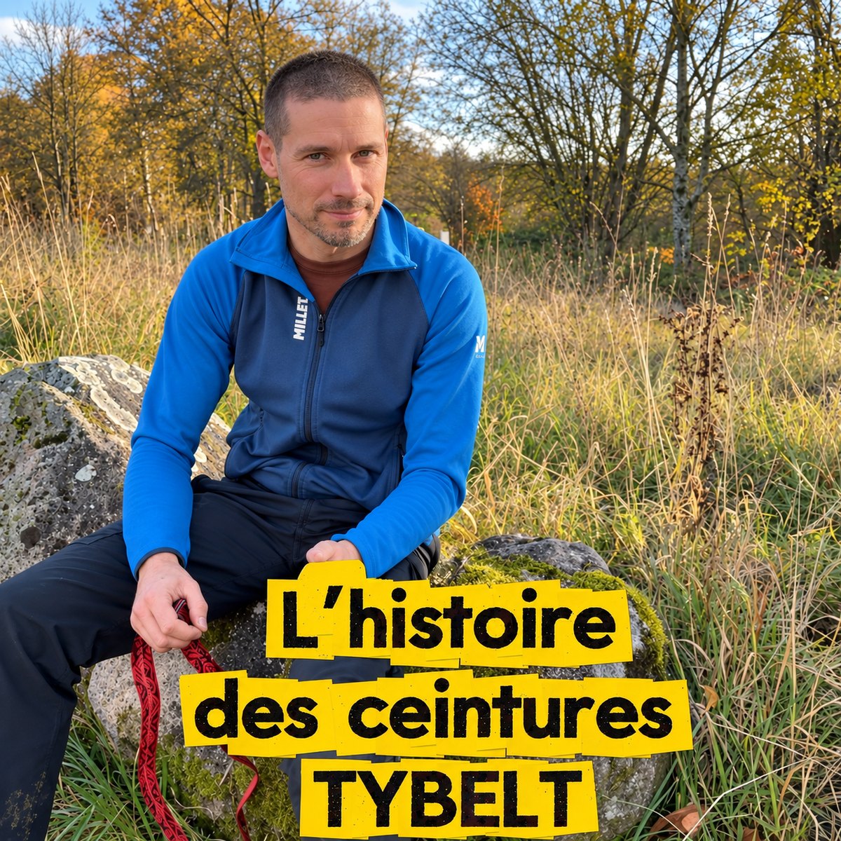 Foto «La historia de los cinturones Tybelt»: un hombre sentado en la hierba con una cinta roja en la mano